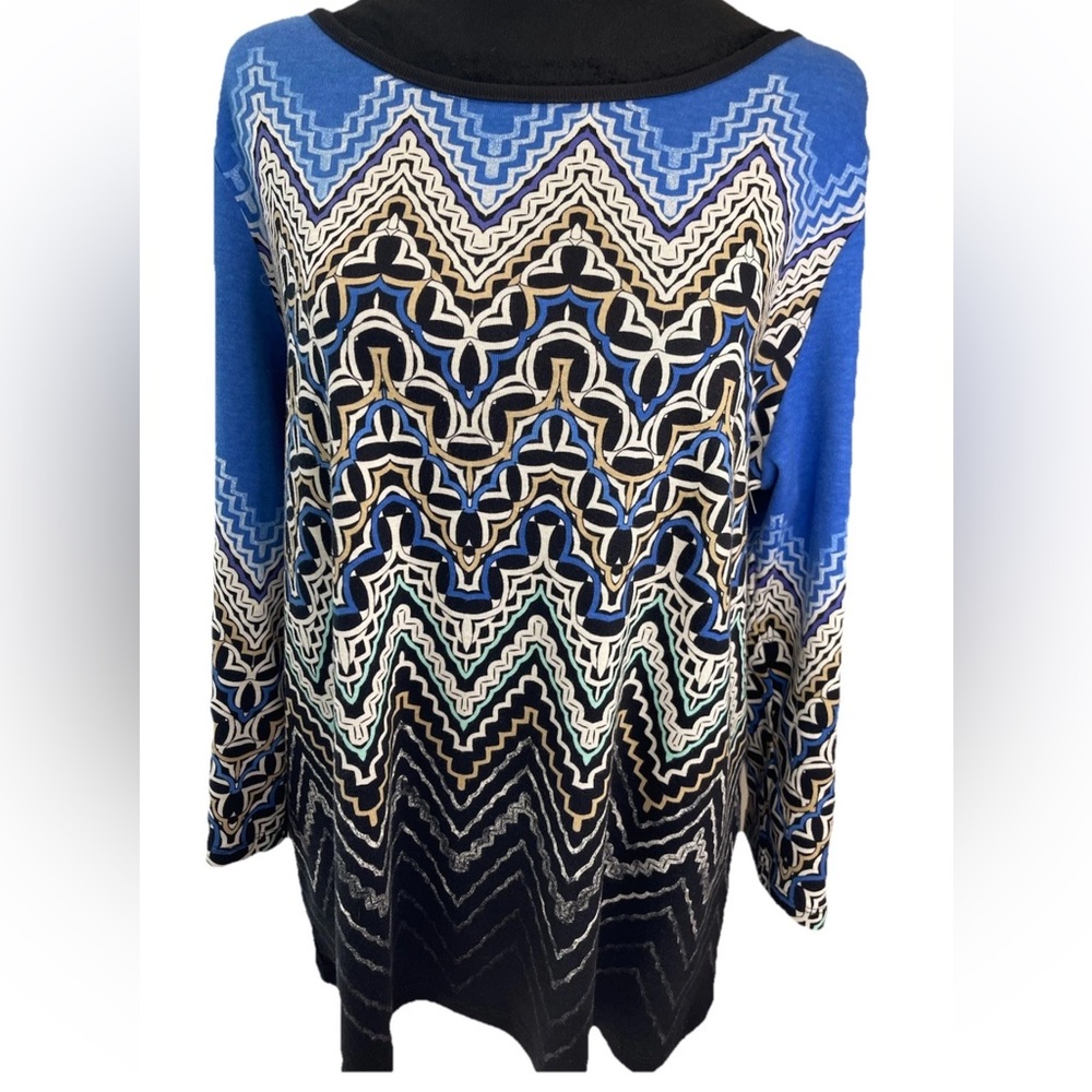 Rafaella ladies petite‎ large black/ blue geometric zig zag all cotton pullover